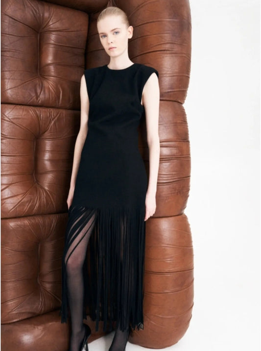 Φόρεμα maxi με κρόσια μαύρο