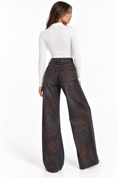 Jean Με Βελούδινα Ανάγλυφα  Καφέ Λουλούδια