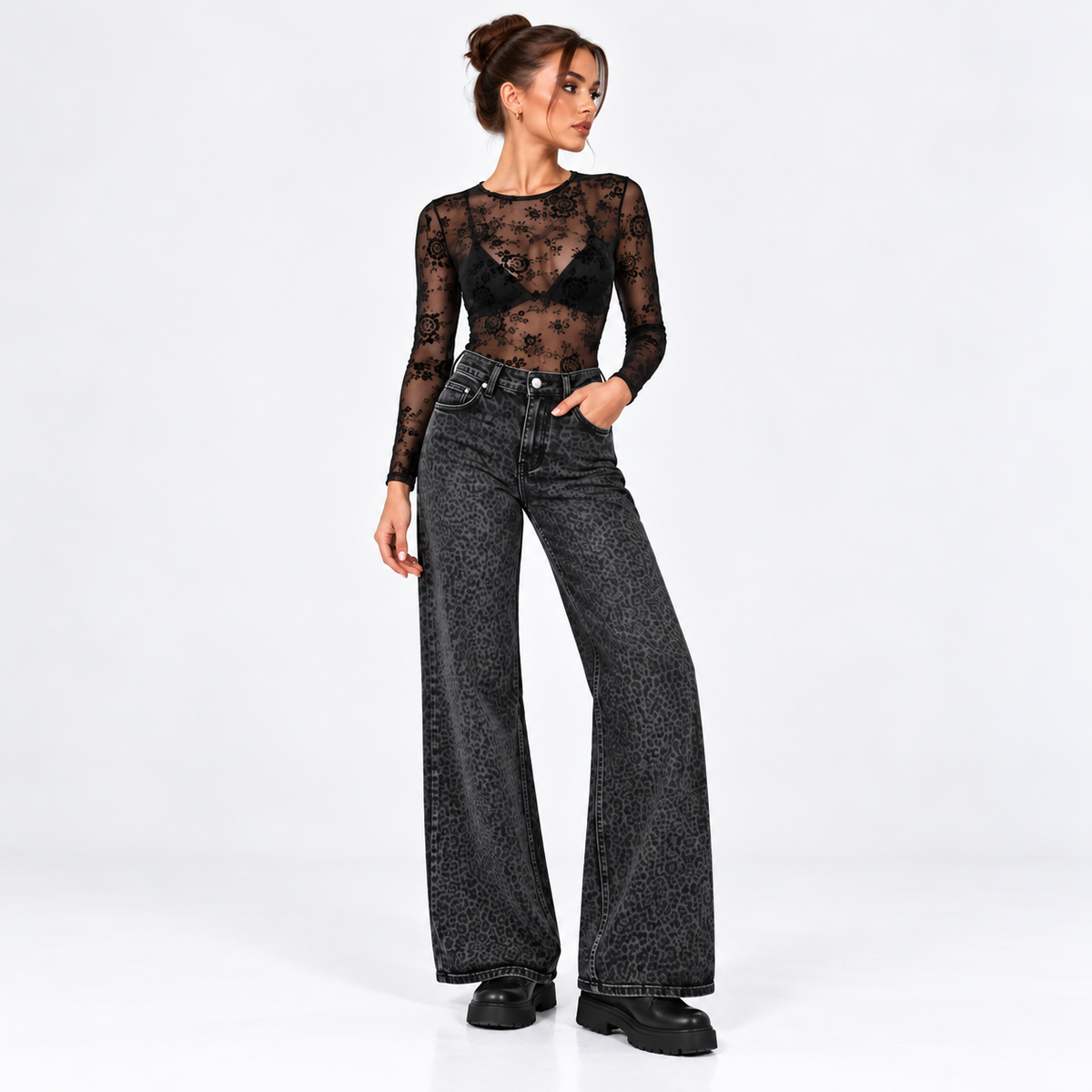 Γκρί Leopard Jean